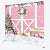 Aperturee - Aperturee Pink Wood Barn Door Christmas Tension Fabric Backdrop